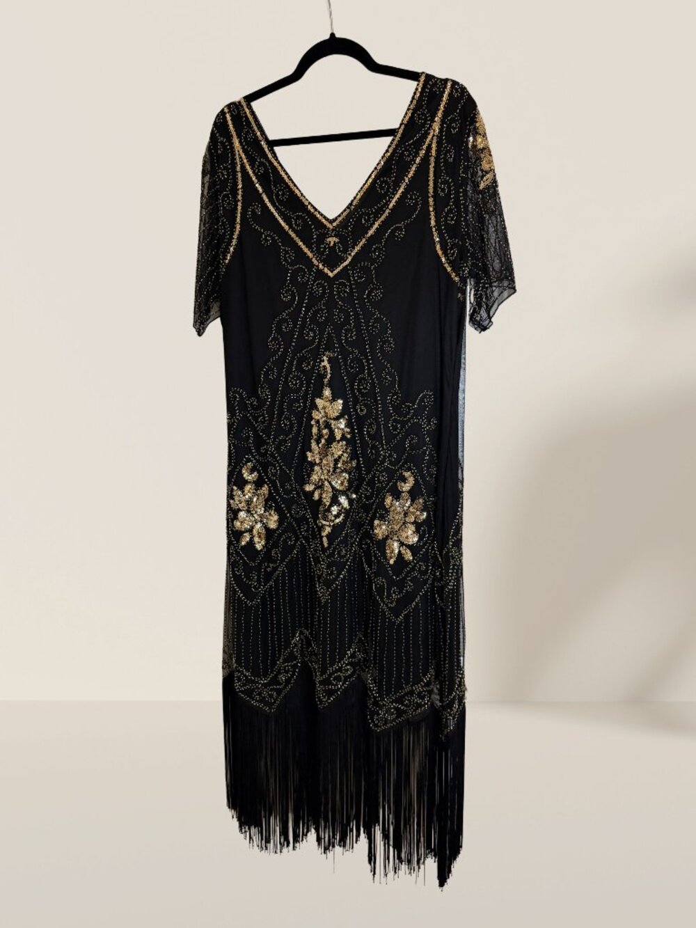 BABEYOND 1920s Flapper Dress Black Gold Beaded Fringe 3XL | Gatsby